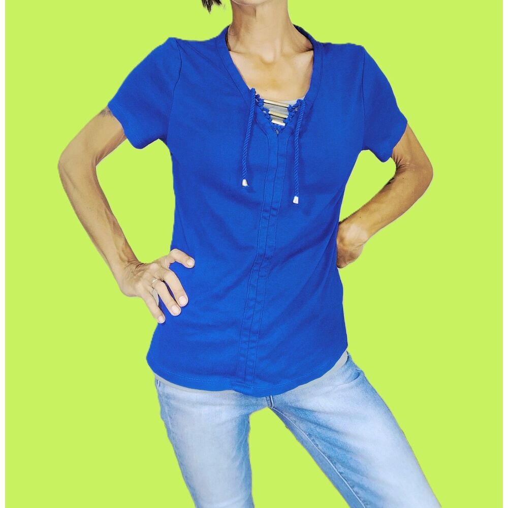 Rafaella Rich Blue Gold Accent Tie Front Cap Sleeve Casual Top ~ Medium